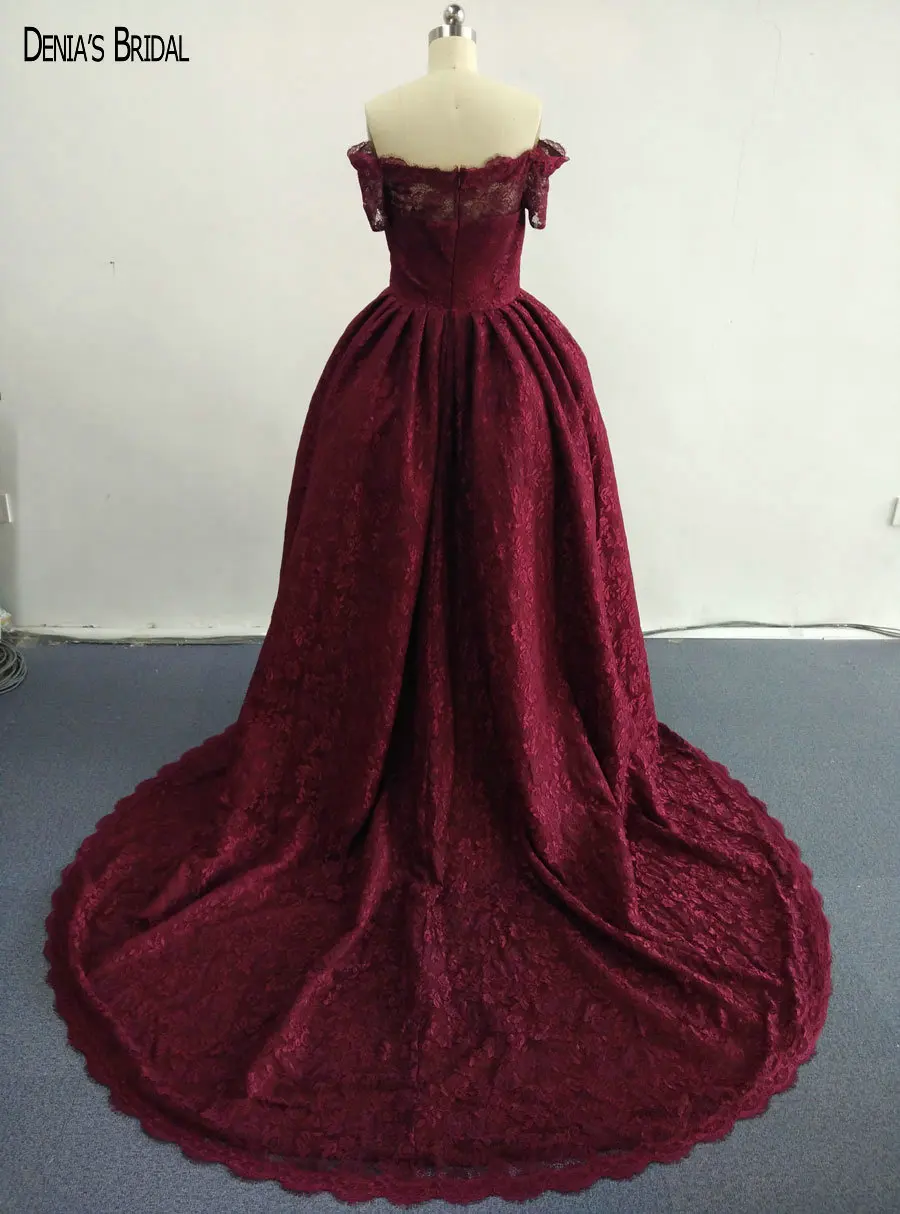 2017 Ball-Gown Wine Red Lace Evening Dresses with Boat Neckline Floor Length Sweep Train Party Prom Gowns | Свадьбы и торжества