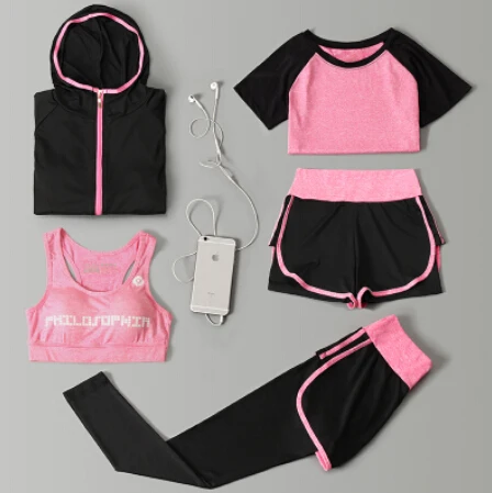 5 piece set 10 Женская Спортивная одежда для улицы, комплект из 5 предметов, футболка с длинным рукавом+ сексуальный бюстгальтер+ шорты+ штаны+ пальто, быстросохнущая одежда для йоги, женская одежда для фитнеса, спортзала - Цвет: 5 piece set 10