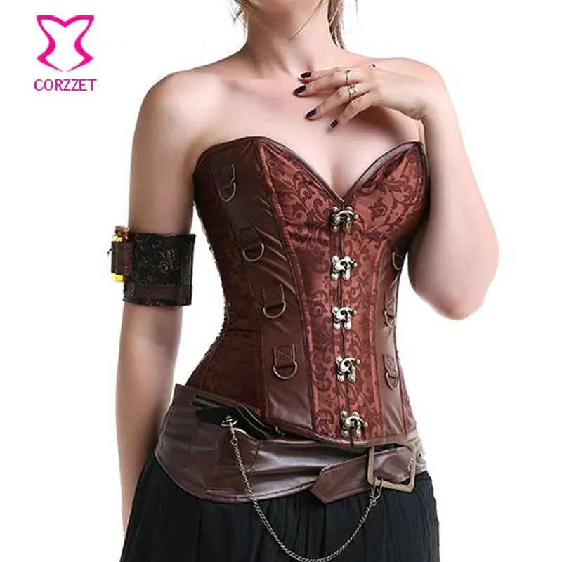 Коричневый винтажный корсет и бюстье готический со стальными косточками одежда