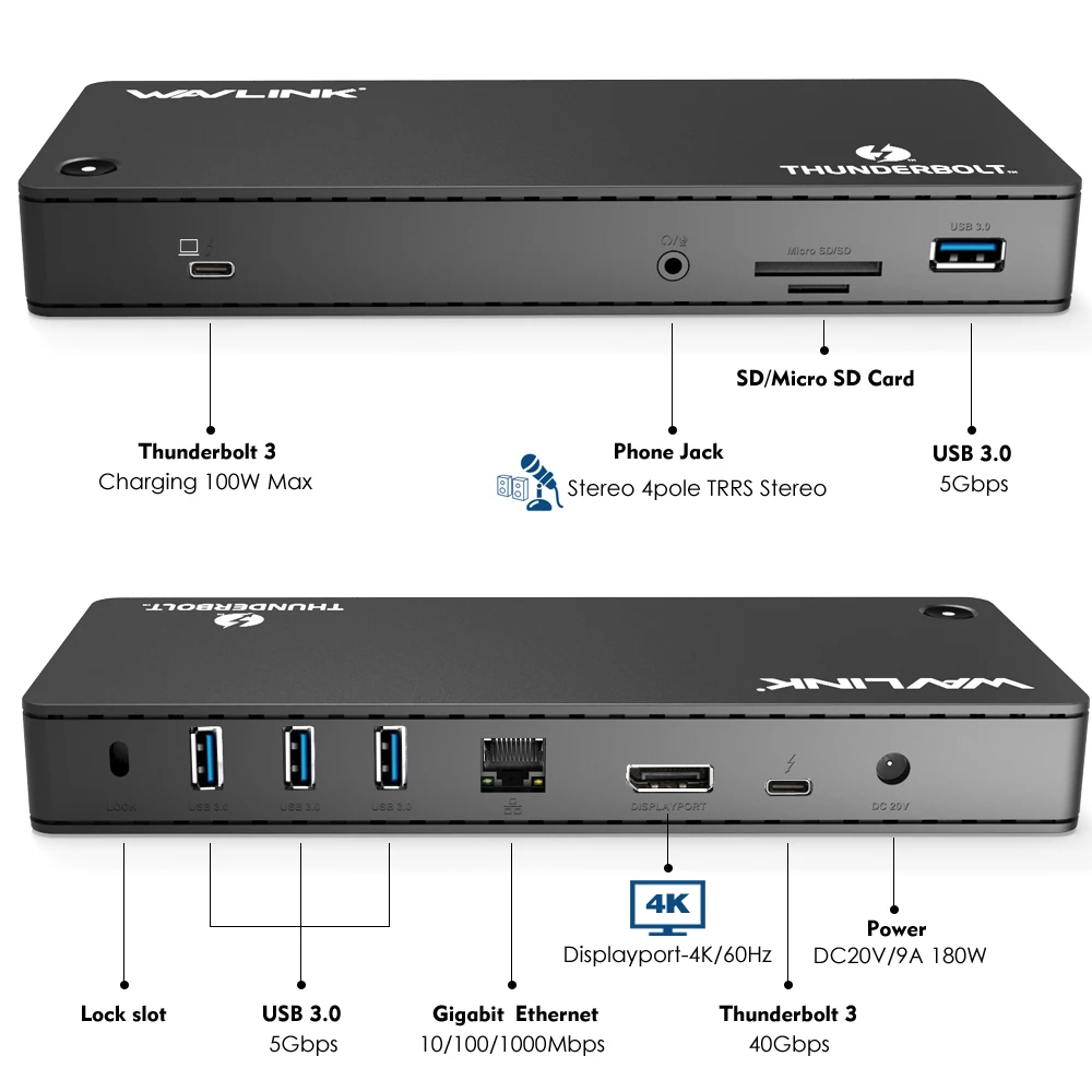 Wavlink Intel Сертифицированный Thunderbolt 3 док-станция для ноутбука USB 3,0 4 k@ 60Hz Gigabit Ethernet 85W зарядка USB C для MacBook Pro