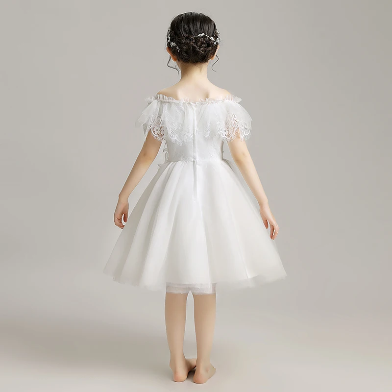 Милое детское кружевное платье с открытыми плечами аппликацией для девочек на
