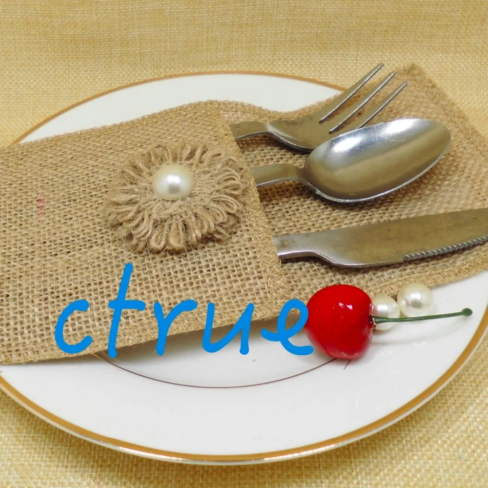 12 шт. цветочный дизайн Мешковина держатель для столового серебра столовых