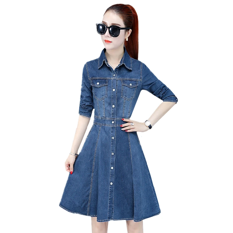 Весна Осень 2019 женское повседневное джинсовое платье с длинным рукавом Женские