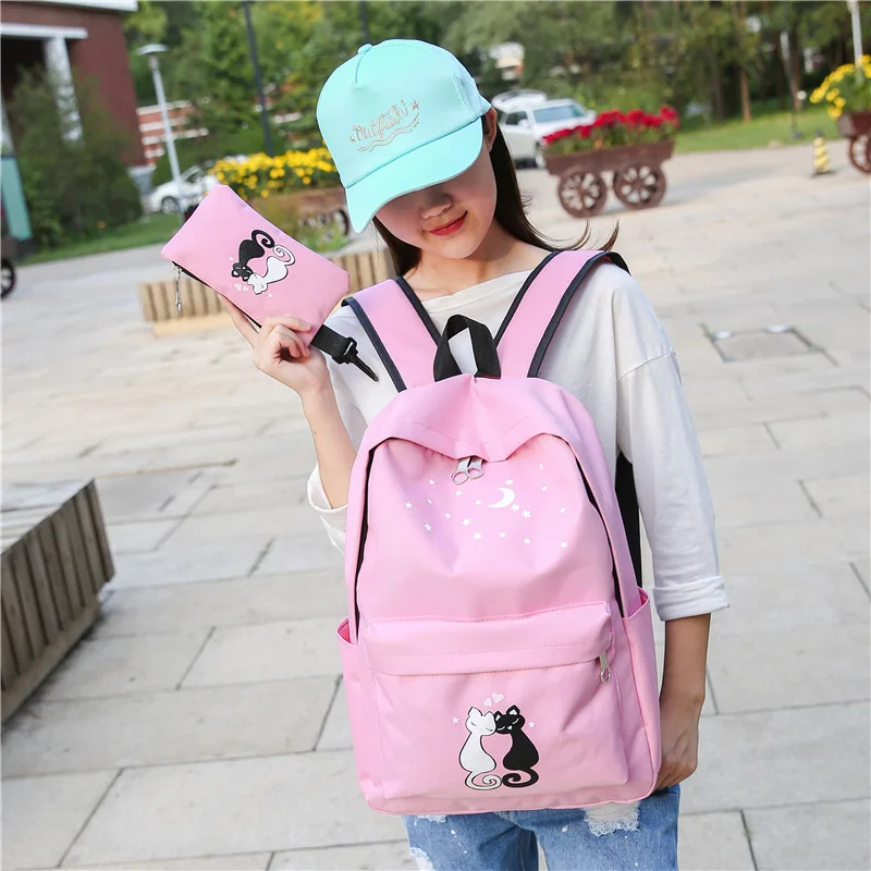 Женский рюкзак 2018 2 шт./компл. школьный холщовый с рисунком кота для