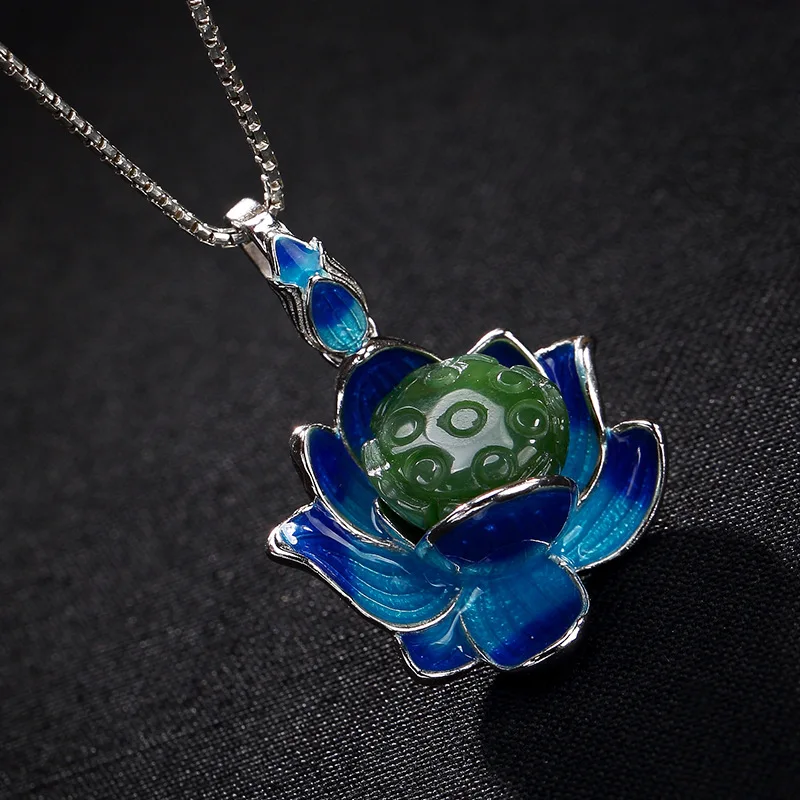 2019 New Silver S925 pure silver antique mosaic and jade cloisonne enamel lotus pendant wholesale | Украшения и аксессуары