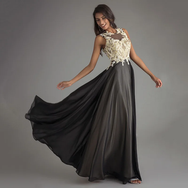 

Flower Appliques Black Wedding Dress robe de soiree Chiffon Sleeveless Backhole Boho Wedding Gowns Illusion vestido de noiva