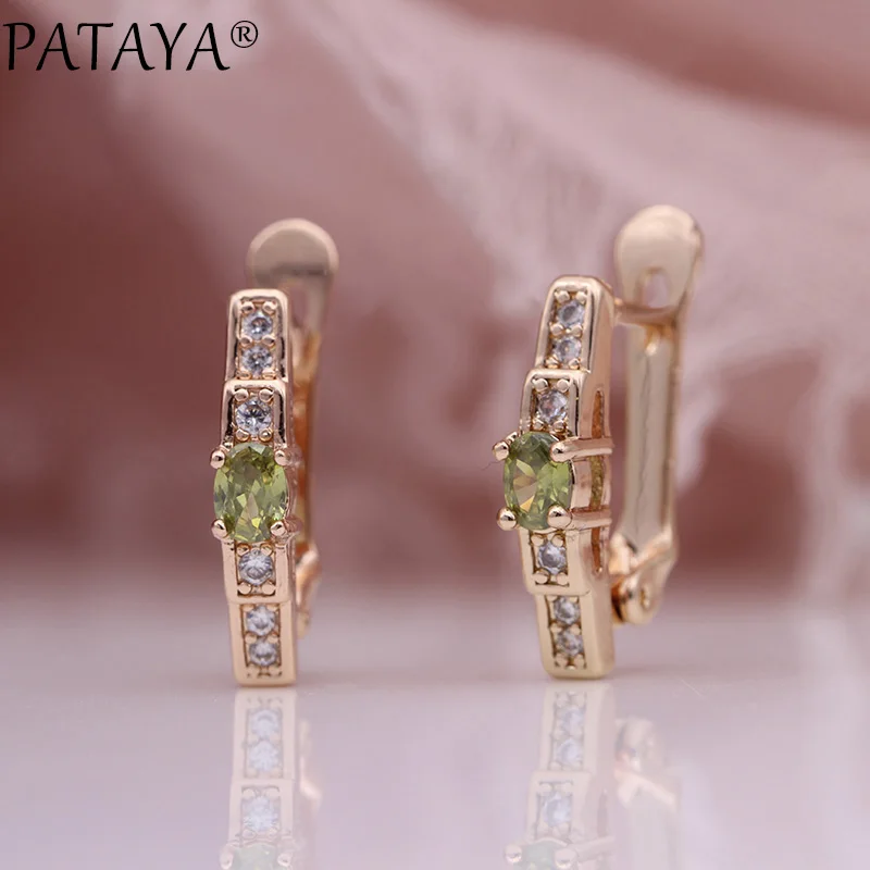 PATAYA New Oval Green Earrings Women Fashion Wedding Cute Fine Jewelry 585 Rose Gold Multicolor Natural Zircon Dangle | Украшения и