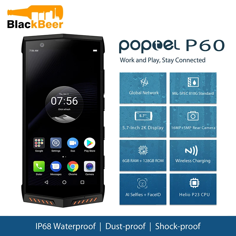 Poptel P60 прочный 4G мобильный телефон с функцией IP68 Водонепроницаемый 5 7 дюймов 6 ГБ