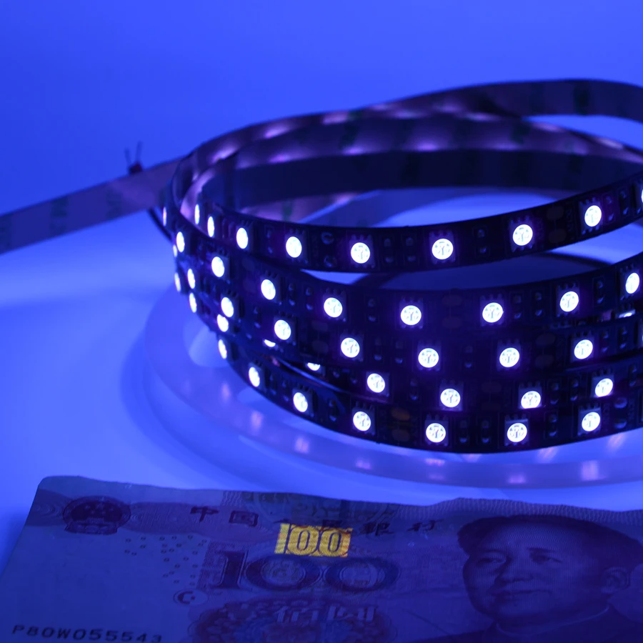 5m UV Led Strip light 5050 60leds/m 395-405nm Ultraviolet Ray waterproof LED Diode Ribbon Purple Flexible lamp+ power adapter