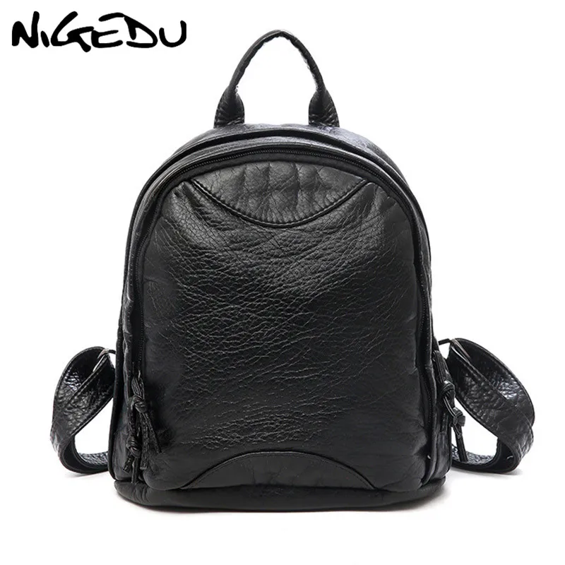 

Soft washed leather woman backpack small Casual traveling backpack female School bag for girls Black Double mummy bag bagpack