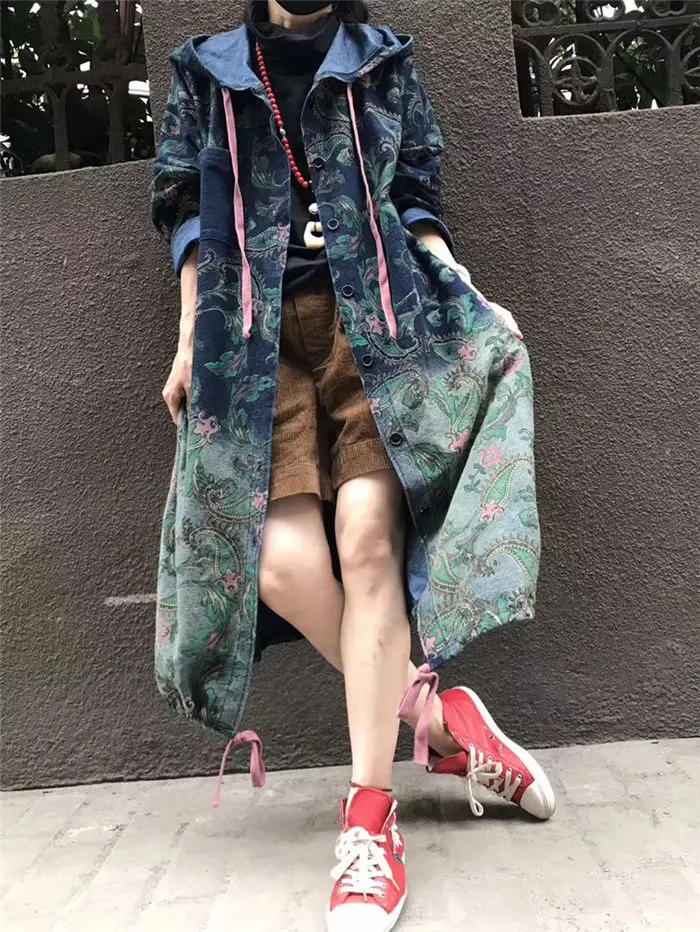 New Harajuku Denim Trench Coat For Women Oversizes Jeans Outerwear Long Sleeve Single-breasted Retro Print Streetwear f924