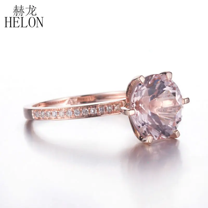 HELON Solid 14K розовое золото изысканные женские ювелирные изделия 8 мм круглый 2.6ct морганитное кольцо с натуральными бриллиантами обручальное кольцо