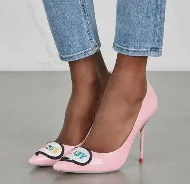 pink with 10 cm KALMALL/вечерние туфли-лодочки; цвет розовый; женские туфли из лакированной кожи на высоком каблуке; женские туфли на шпильке с вышивкой; женская обувь без застежки - Цвет: pink with 10 cm