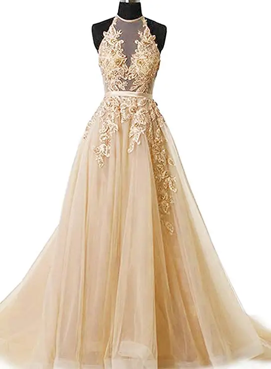 Champagne Robe De Soiree, с аппликацией, сексуальные, с открытой спиной, длинные, вечерние платья, для невесты, для банкета, элегантные, длина до пола, женские, вечерние, на выпускной, с бретелькой через шею - Цвет: Champagne