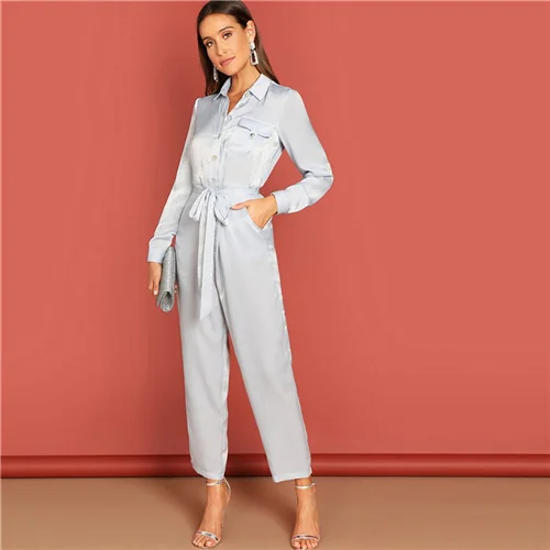 SHEIN Комбинезон На Пуговицах С Длинными Рукавами, Женский Серый Элегантный Комбинезон С Поясом - Цвет: Серый