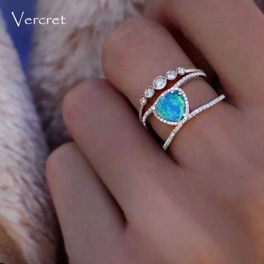 Vercret из монетного серебра опал кольцо для Женская циркониевая Двойные Кольца