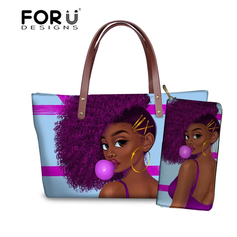 

FORUDESIGNS женские сумки для черного искусства афро девушки дизайнерская сумка на плечо для женщин 2 шт./компл. сумочка и кошелек для женщин летн...