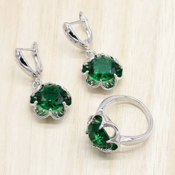 2PCS Серебро 925 ювелирные изделия Костюм Свадебные Ювелирные наборы зеленый цирконий серьги для женщин кольца кулон ожерелье набор подарочная коробка - Окраска металла: 2PCS
