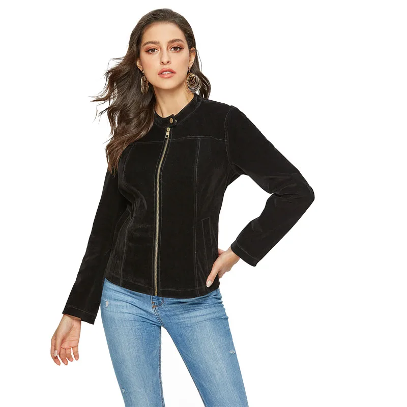 

Escalier Womens Suede Leather Jacket Open Front Lapel Cardigan Jackets