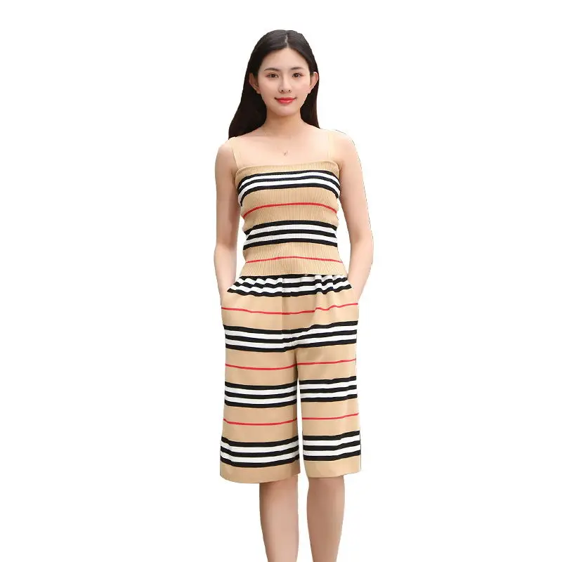 Knitted 2 Piece Outfits for Women Black and White Contrast Color Striped Vest Top+ High Waist Midi Pants Sweatsuits |