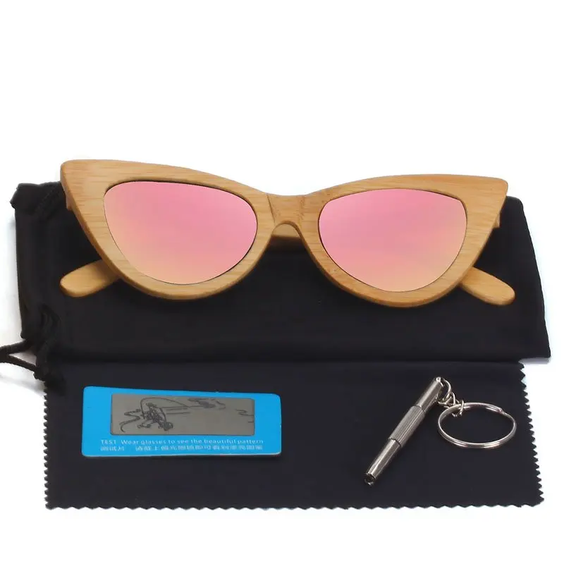 Бренд Дизайн кошачий глаз деревянные очки Для женщин поляризованные зеркало Bamboo