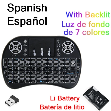Spanish Keyboard Английская русская испанская i8 Мини Беспроводная клавиатура с подсветкой 2,4 ГГц Fly Air mouse с тачпадом пульт дистанционного управления Львиная батарея - Цвет: Spanish Keyboard