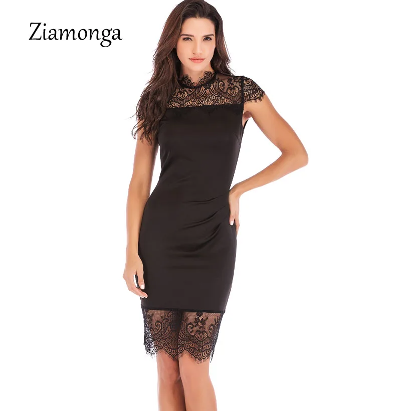 Ziamonga 2018 новый тонкий миди кружево лоскутное карандаш Bodycon платье короткий рукав