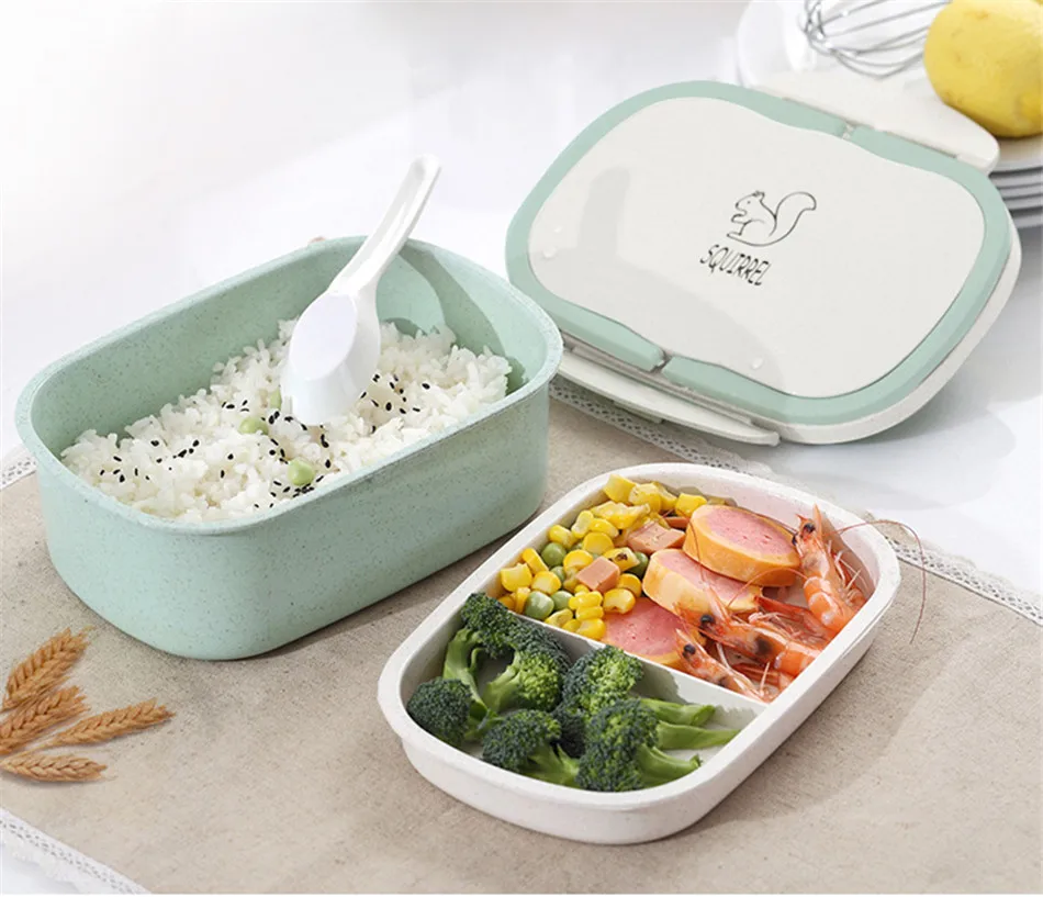 Baispo Microwavable ланч бокс Пшеничная солома мультфильм Bento коробка с ложкой Портативный контейнер для хранения еды для пикника офиса работы