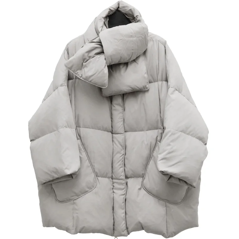 Дизайн новое поступление большой белый пуховик с шарфом зимнее пальто для женщин