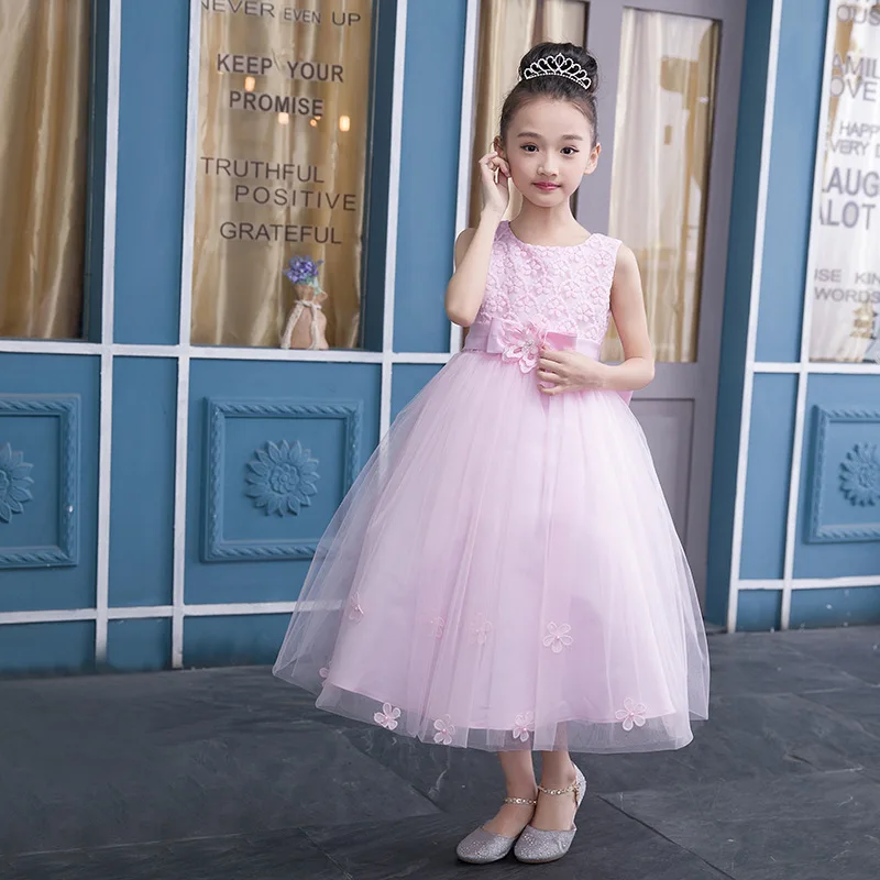Платья принцессы для маленьких девочек без рукавов с бантом розовый белый