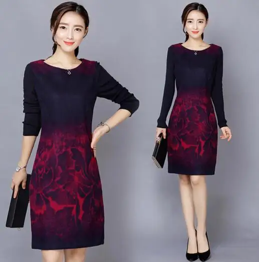 Женское Трикотажное Шерстяное платье с длинным рукавом и цветочным принтом