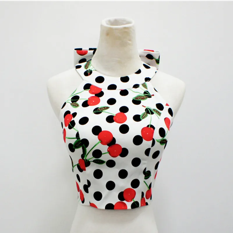 Майка женская летняя в горошек с принтом вишни стиле Одри Хепберн 50 х годов|bow