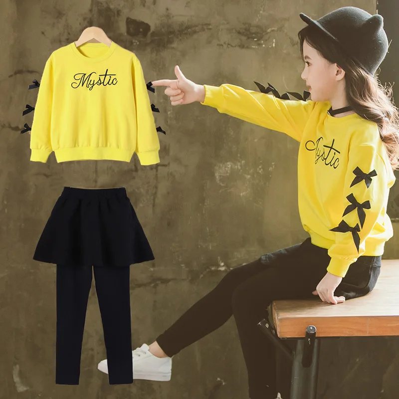 

Комплект для девочек из двух предметов, свитшот с длинным рукавом и юбка с бантом и леггинсы, желтый, красный, От 3 до 11 лет, школьный спортивн...