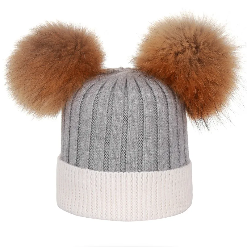 gray white Xthree зимняя женская шапка шерстяные вязаные шапочки натуральный мех двойные помпоны Skullies шапка для девочек feminino - Цвет: gray white