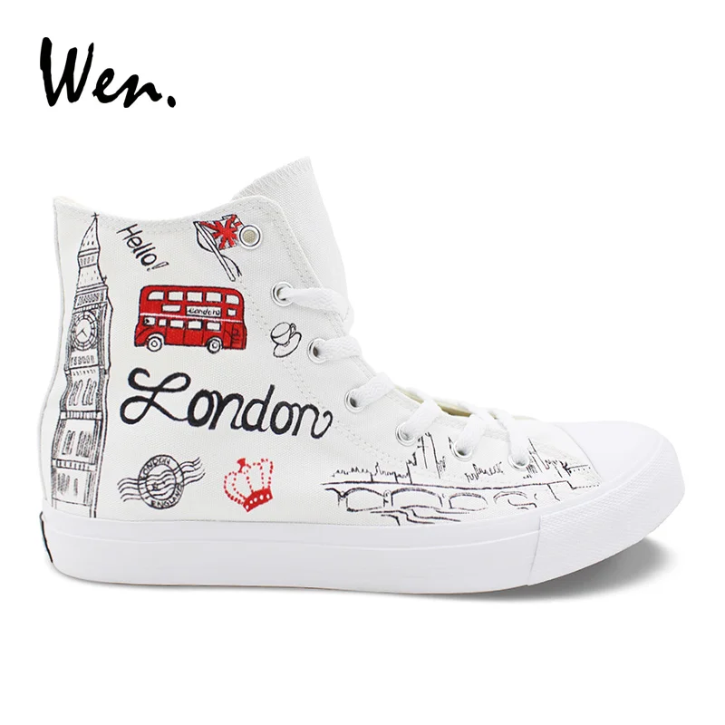

Wen Classic White Canvas Hand Painted Shoes Original Design London Landmarks High Top Flats Unisex Casual Sneaker Adult Footwear