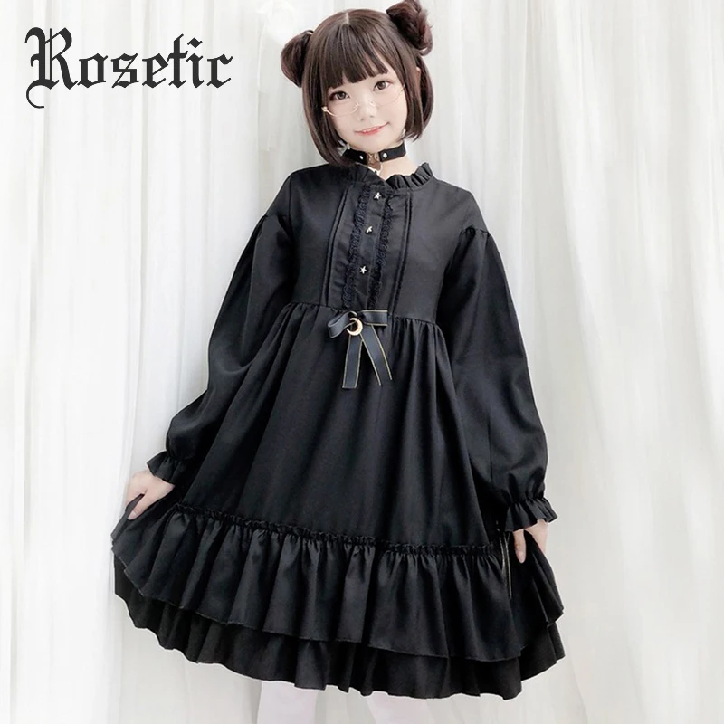 Rosetic, милое платье в стиле готической Лолиты Harajuku, Короткое мини винтажное платье с оборками и бантом, японское платье с длинными рукавами-фонариками, осеннее платье трапециевидной формы для женщин