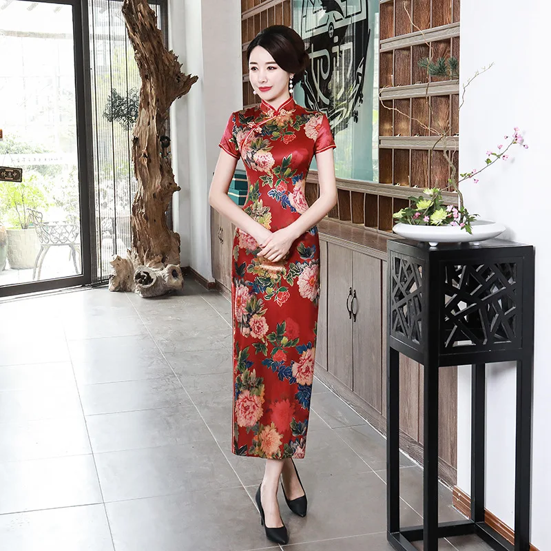 Китайский традиционный Cheongsam Для женщин шелковые платья Макси платье Леди