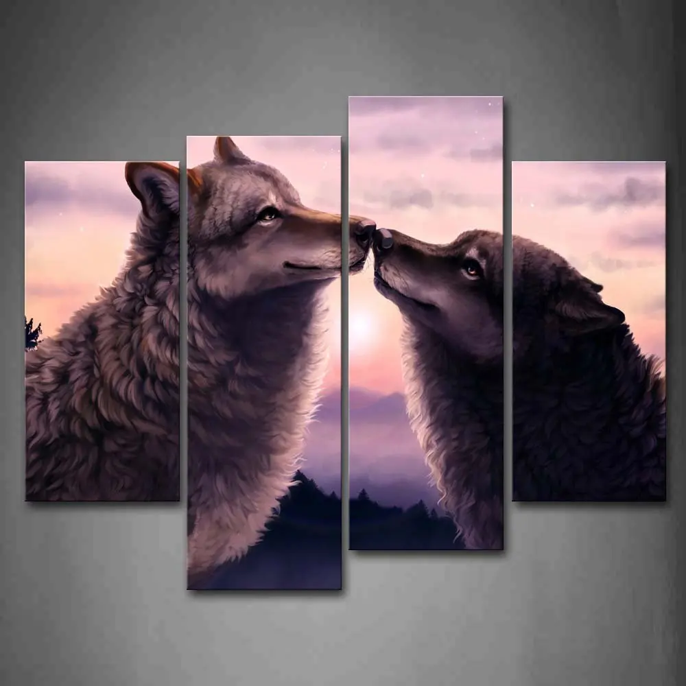 

JIE DO ART Two Wolfs Kiss At Dusk Tree Mountain Wall Art Painting The Picture Print On Canvas Animal Pictures