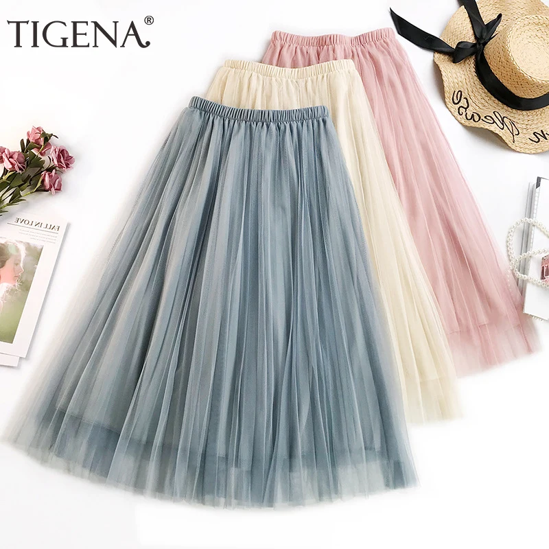 Женская длинная фатиновая юбка TIGENA трапециевидная плиссированная розовая