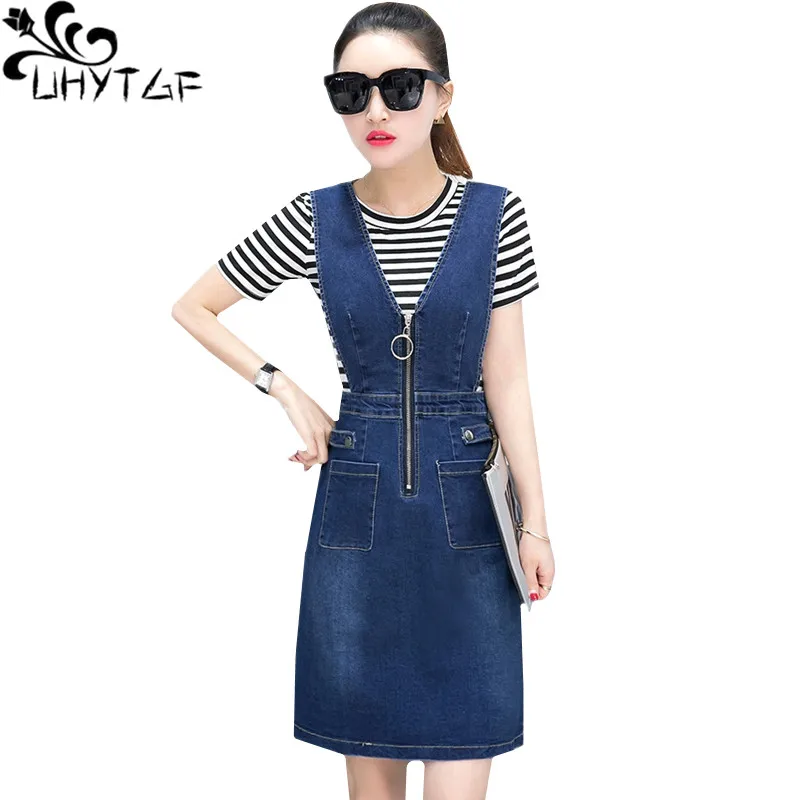 

UHYTGF Summer Skirt Suit Womens Fashion Denim Strap Dress PulloverT-Shirt Top + Jeans Strap Dress 2Piece Set Cute Girl Sets 644
