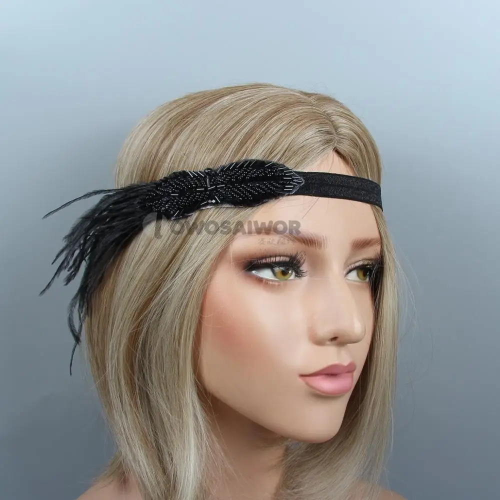 New Design Black Crystal Beading Feather Bridal Headpiece Flapper Headband Gatsby Pageant Party Wedding Hair Jewelry |