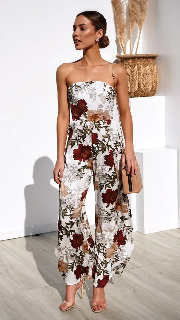 Женский комбинезон с открытыми плечами цветочным принтом широкими штанинами и