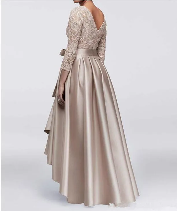Beautiful High Low Lace Evening Dresses 2019 3/4 Long Sleeve Satin Vestidos De Festa Prom Mother Of The Bride Formal Dress | Свадьбы и