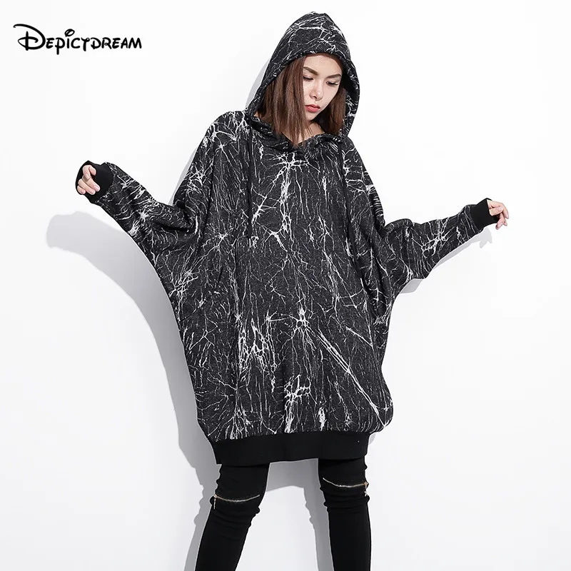 Depictdream Новинка 2017 Осень femalehooded Длинные рукава одноцветное черного цвета с