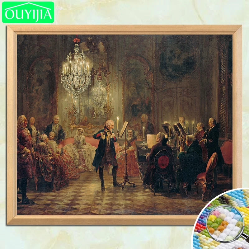 

World Famous Painting "Flotenkonzert Friedrichs des GroBen in Sanssouci" DIY Diamond Painting Full Square Diamond Embroidery Pic