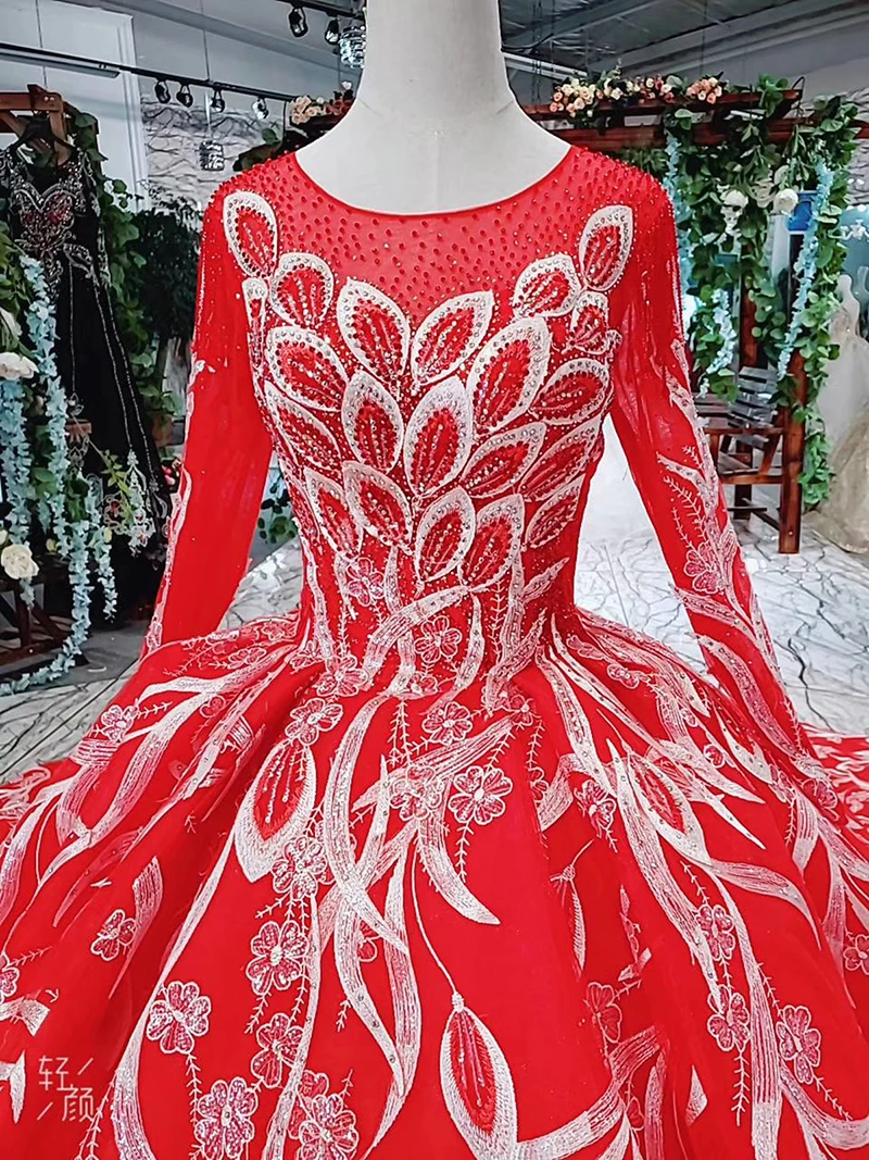 

HTL428 red wedding party dresses royal long train o-neck long sleeve peacock style bridal evening dressing gowns robe de soiree