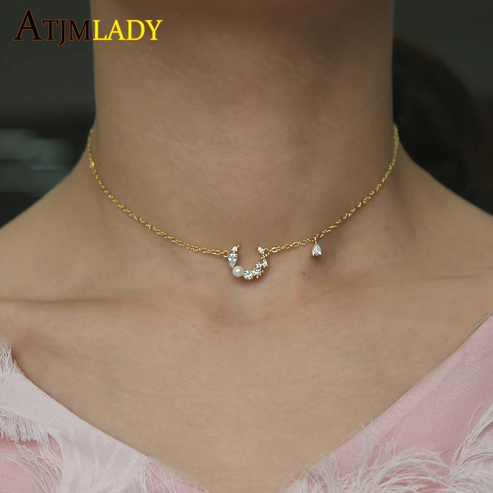 elegant romantic drip cz flower charm necklace deliate tiny 32+8cm choker boho jewerly for girls moon pearl sexy | Украшения и
