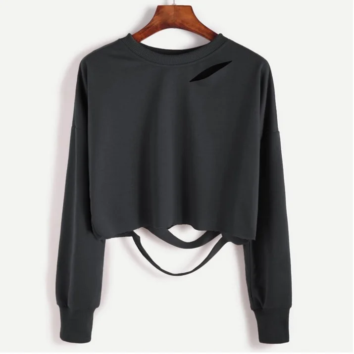 2017 Autumn Winter Women Casual Long-Sleeve Top Ladies Fashion Burn-out Ripped Sweatshirt Solid Color | Женская одежда
