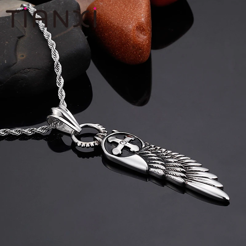 TIANXI Vintage Feather Necklace For Men Stainless Steel Cross Pendant Male Free Shipping Jewelry Boy Friend | Украшения и