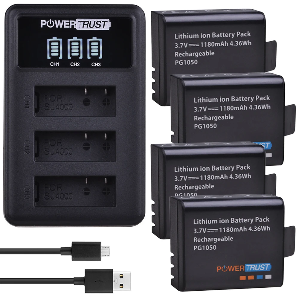 4 шт. 1180 мАч PG1050 аккумулятор светодиодный зарядное устройство с 3 слотами USB для SJCAM